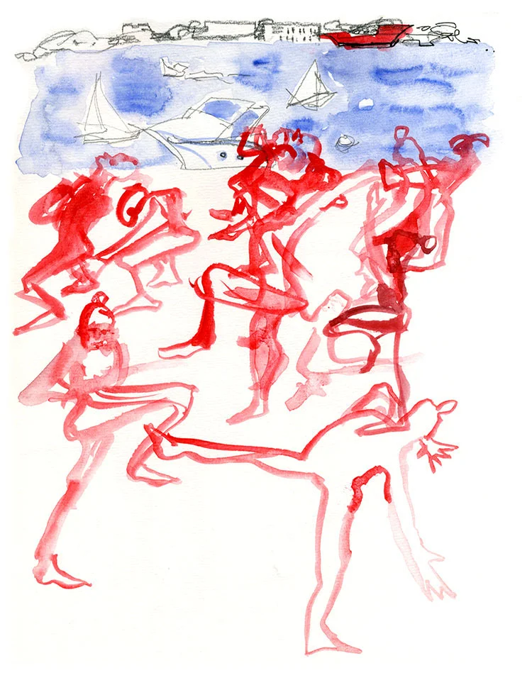 Dancers performing at the ICA Boston with Boston Harbor behind them