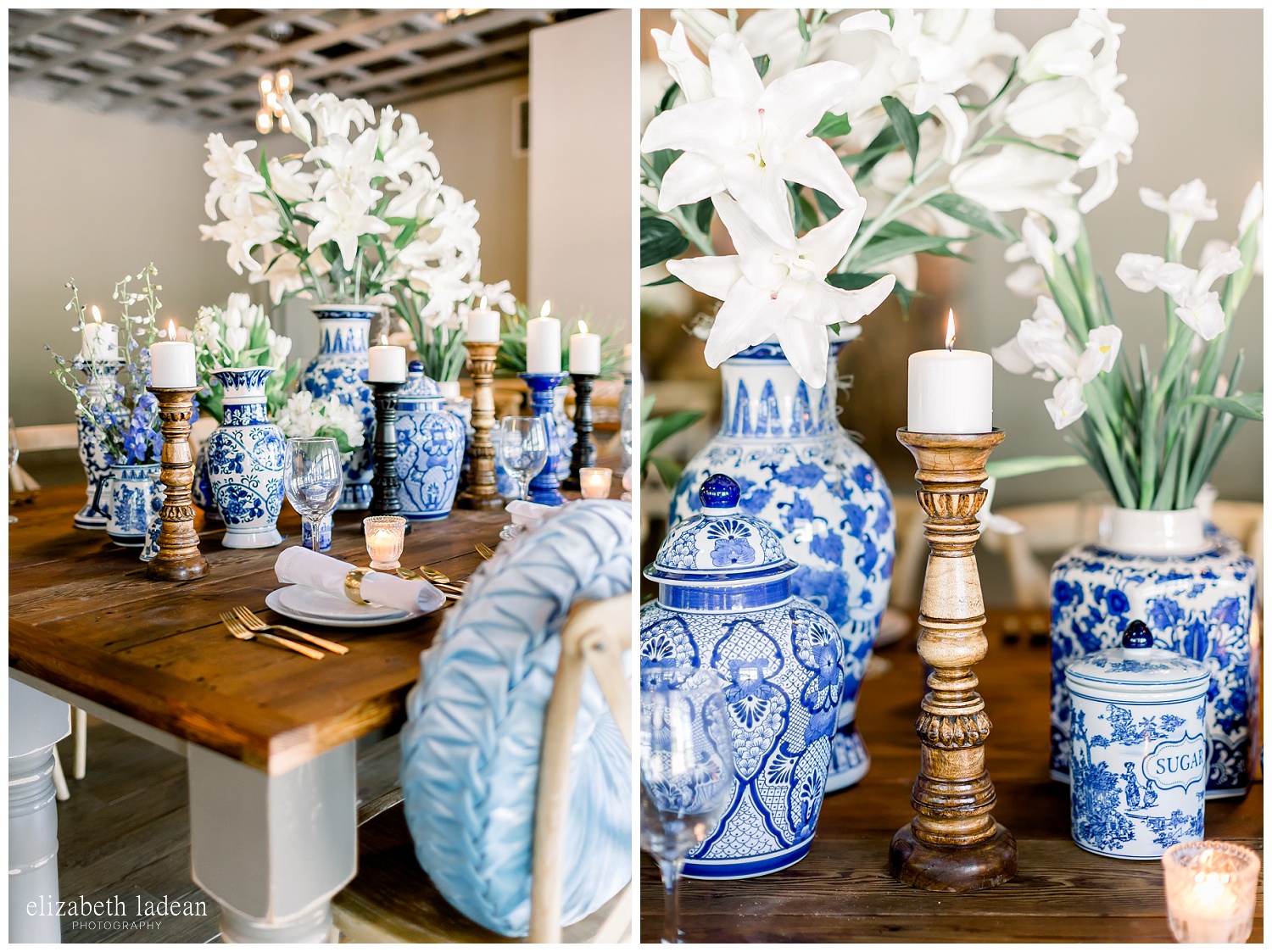 blue and white vases at wedding