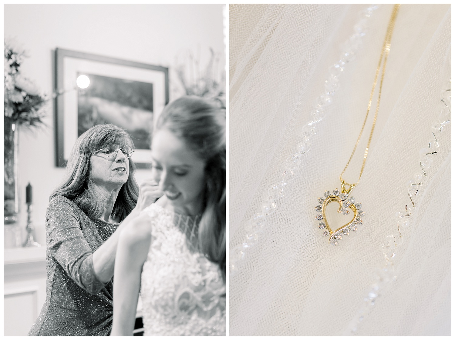 mom helping bride dress on wedding day