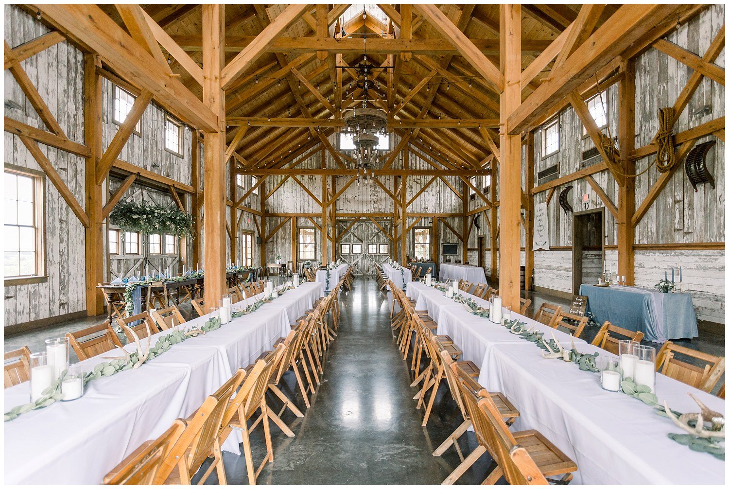 barn style wedding of blues and greens