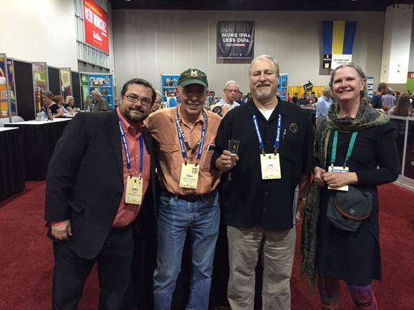 A not-so random photo. GABF bookstore, 2015. Three old farts and one of the young 'uns. Photo courtesy of Kristi Switzer, publisher at Brewers Publications.