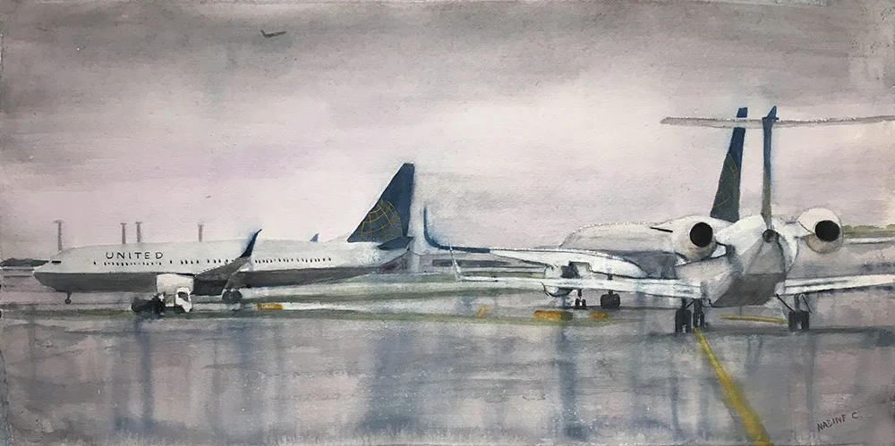 Planes on the Tarmac, watercolor, 12 x 24