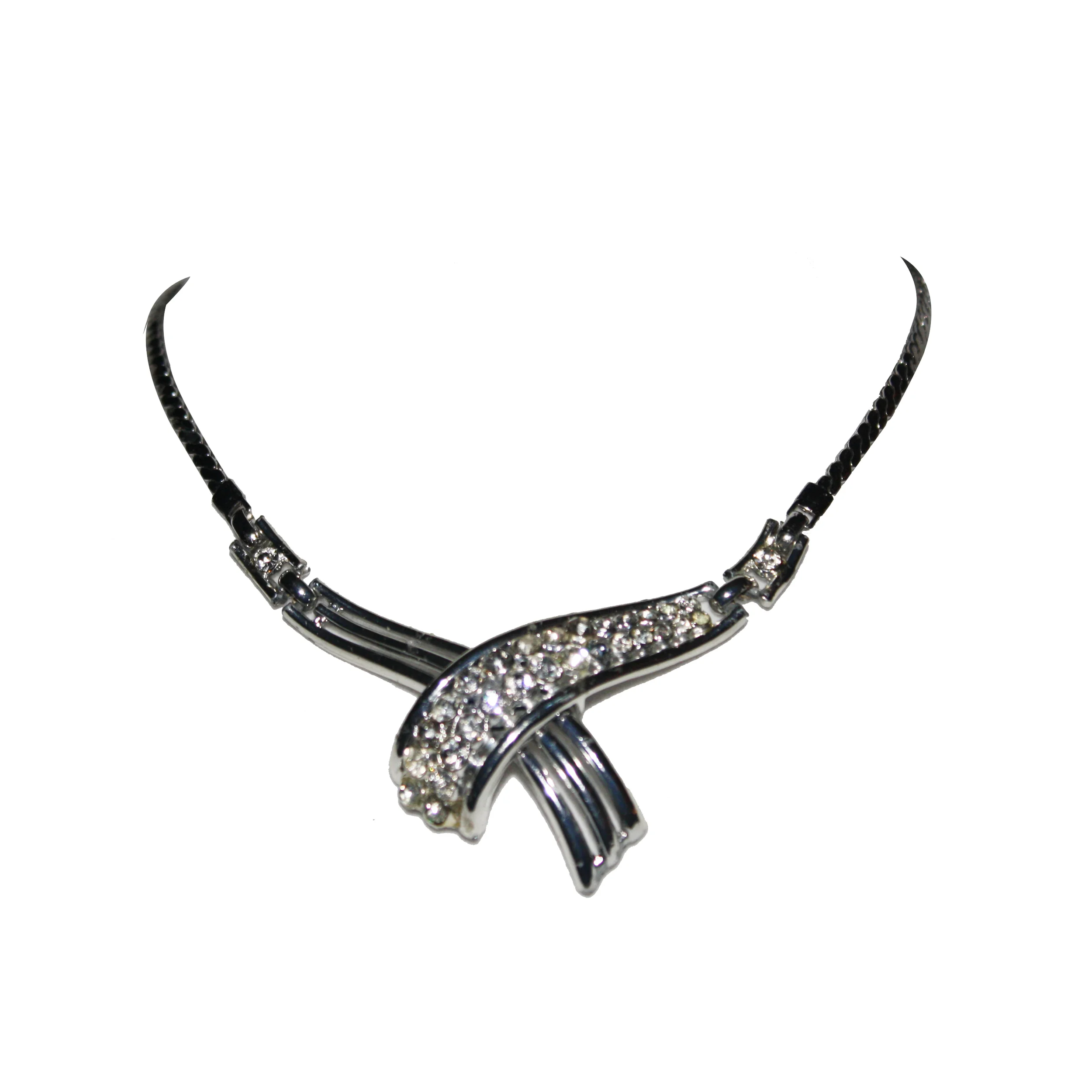 Vintage Overlapping Silver Tone Rhinestone Necklace