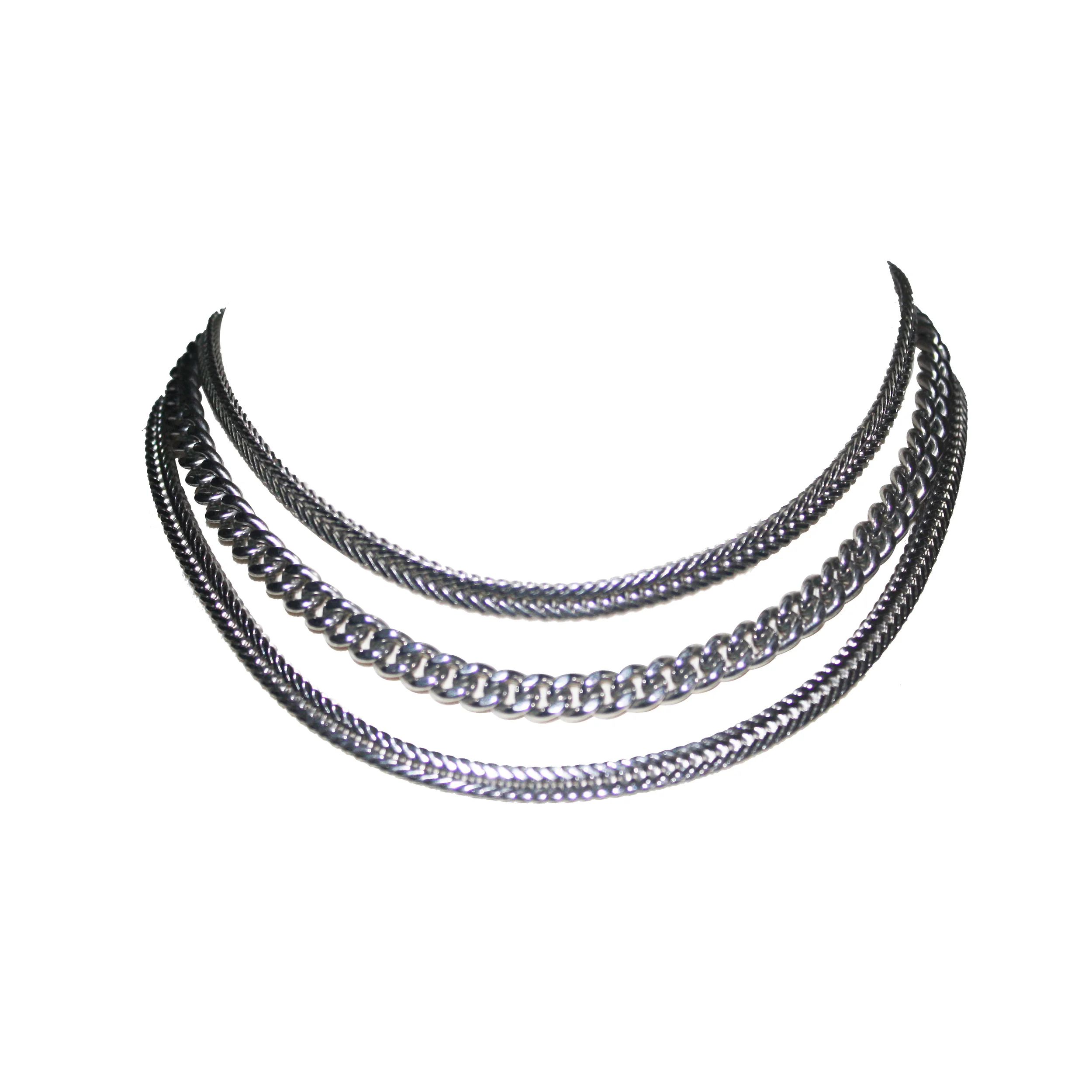 Three-Strand Two-Texture Silver Tone Necklace
