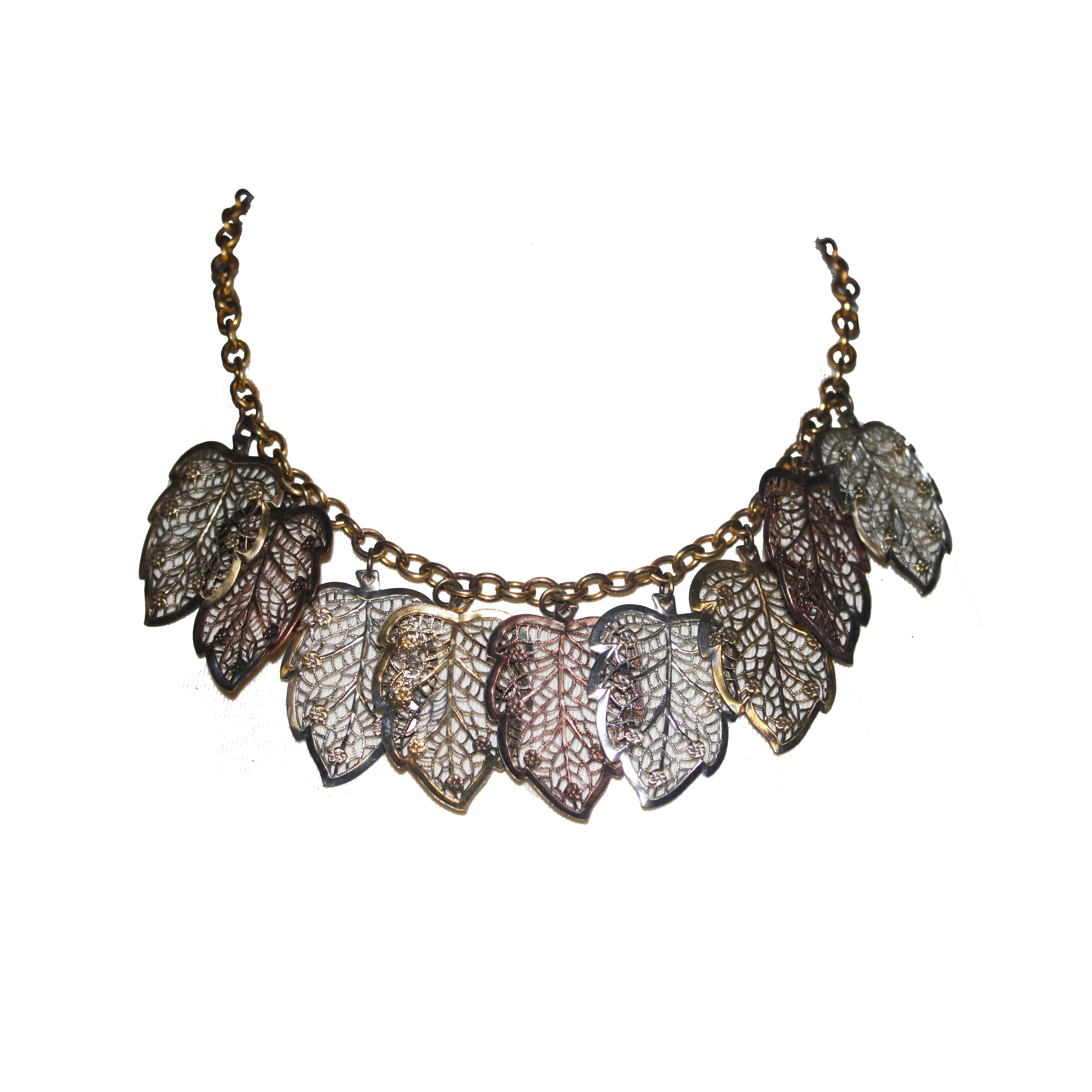 Three Tone Filigree Leaf Necklace