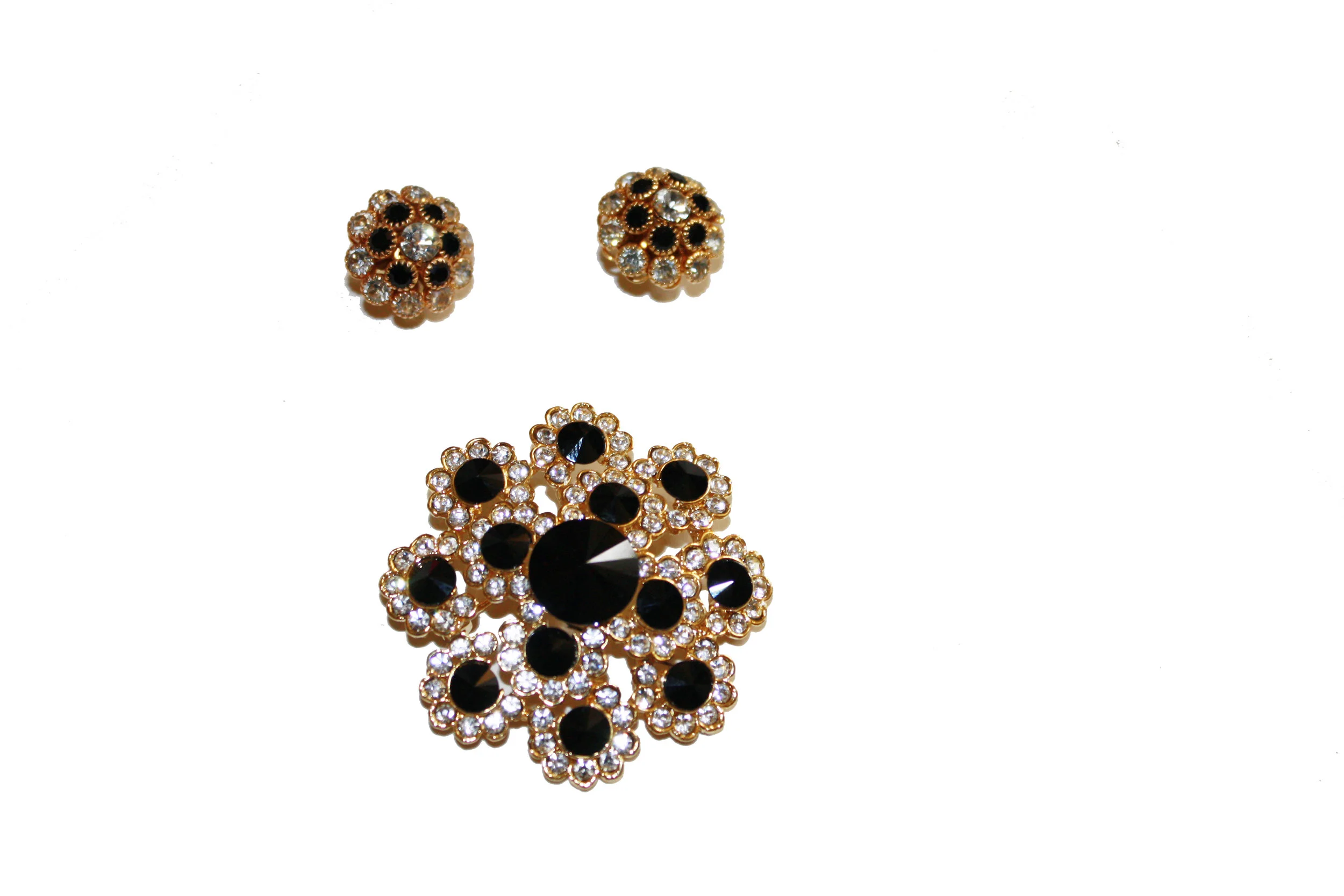 Floral Jet Rhinestone Earring and Brooch Set