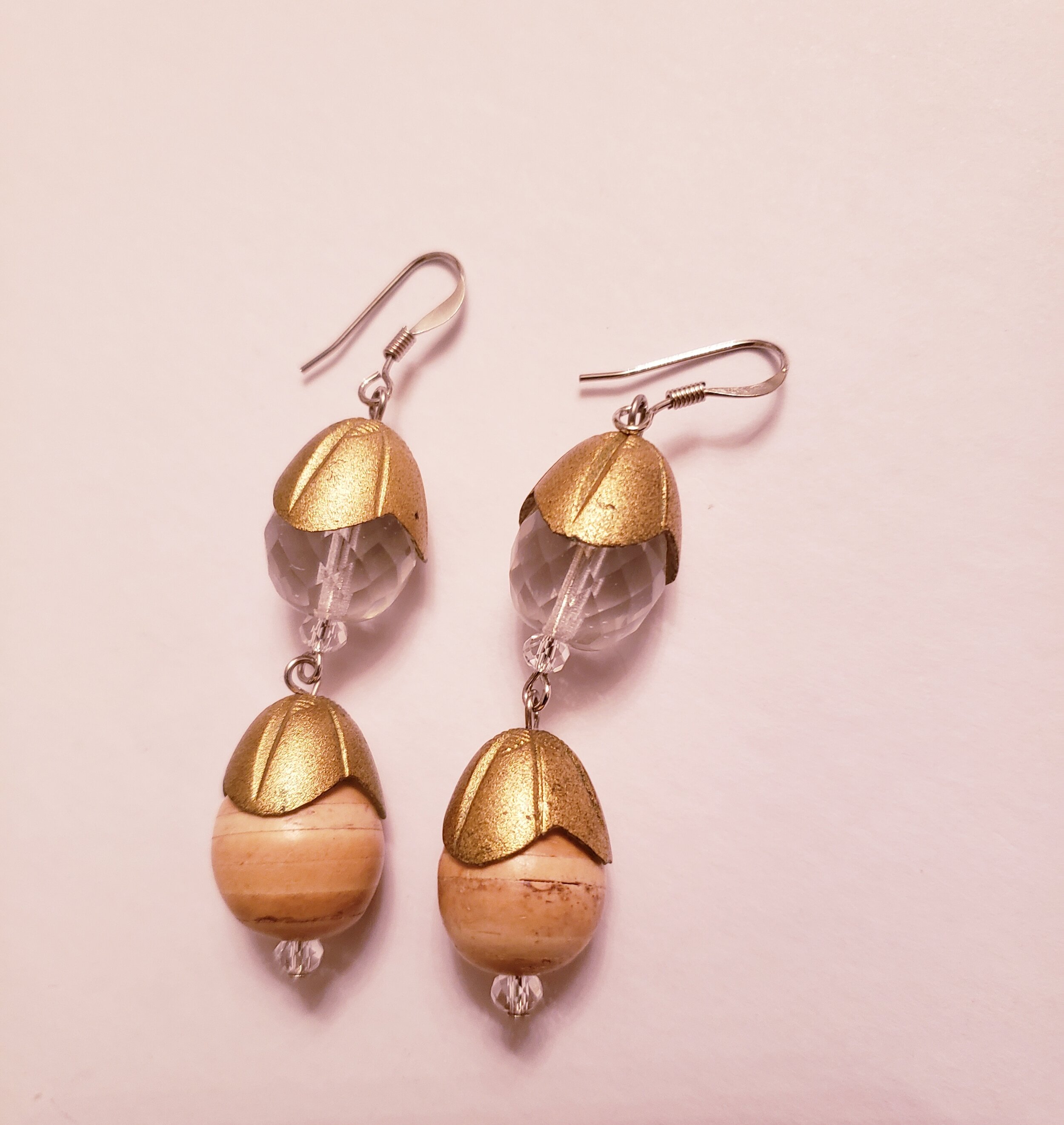 Capped Wooden and Crystal Earrings