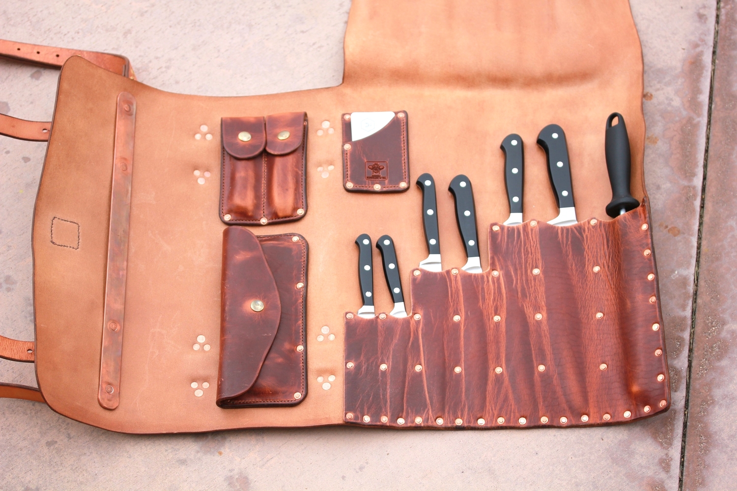 Fancy kitchen knife set with leather roll bag