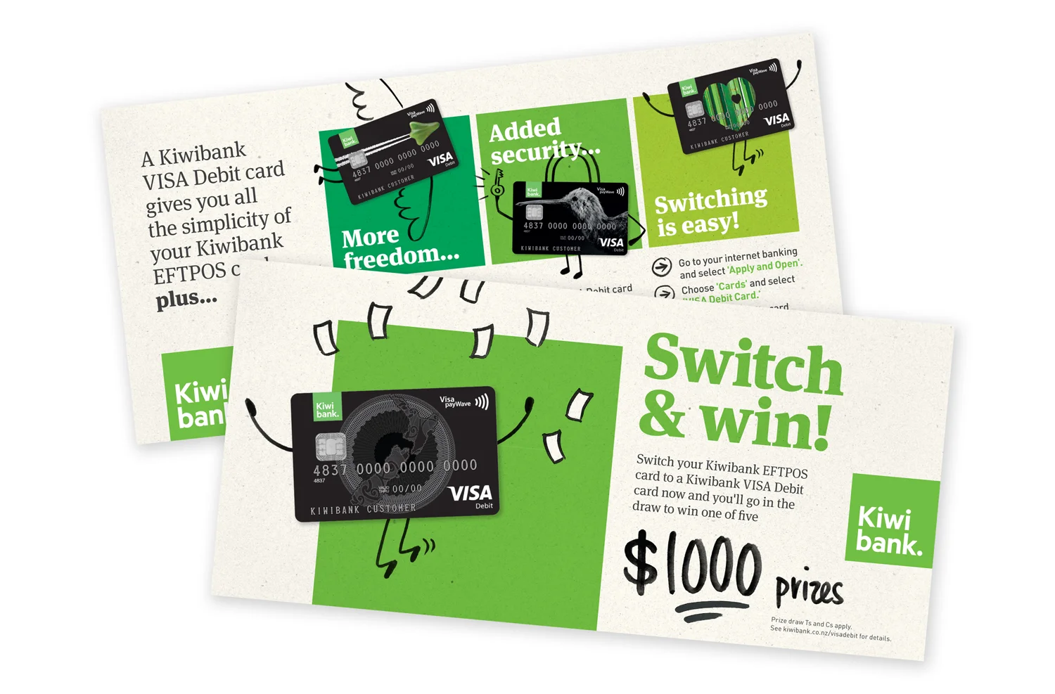 The four card designs were transformed into characters using a doodle illustration style – each conveying a key benefit of the Visa Debit Card in a lighthearted way.