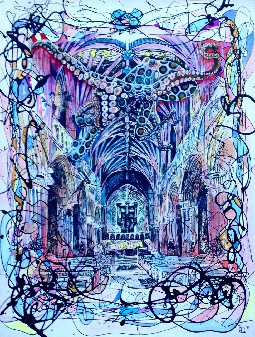 In the Cathedral (print w/ watercolor)