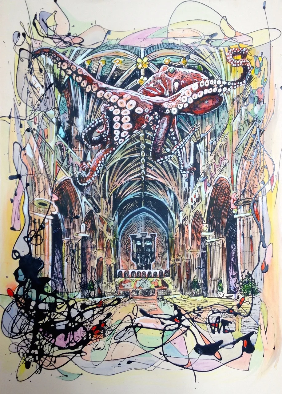 In the Cathedral (print w/ watercolor)