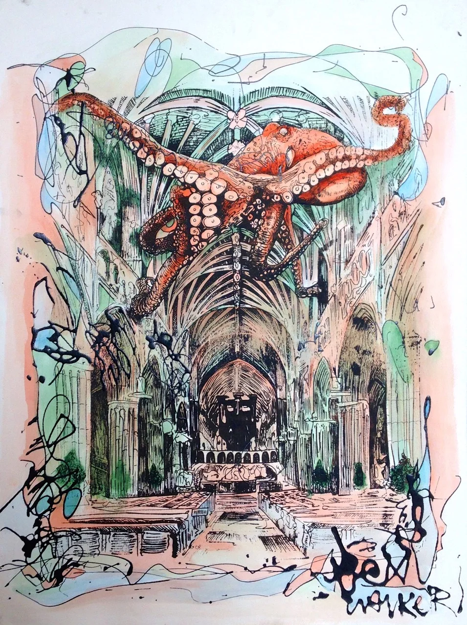 In the Cathedral (print w/ watercolor)
