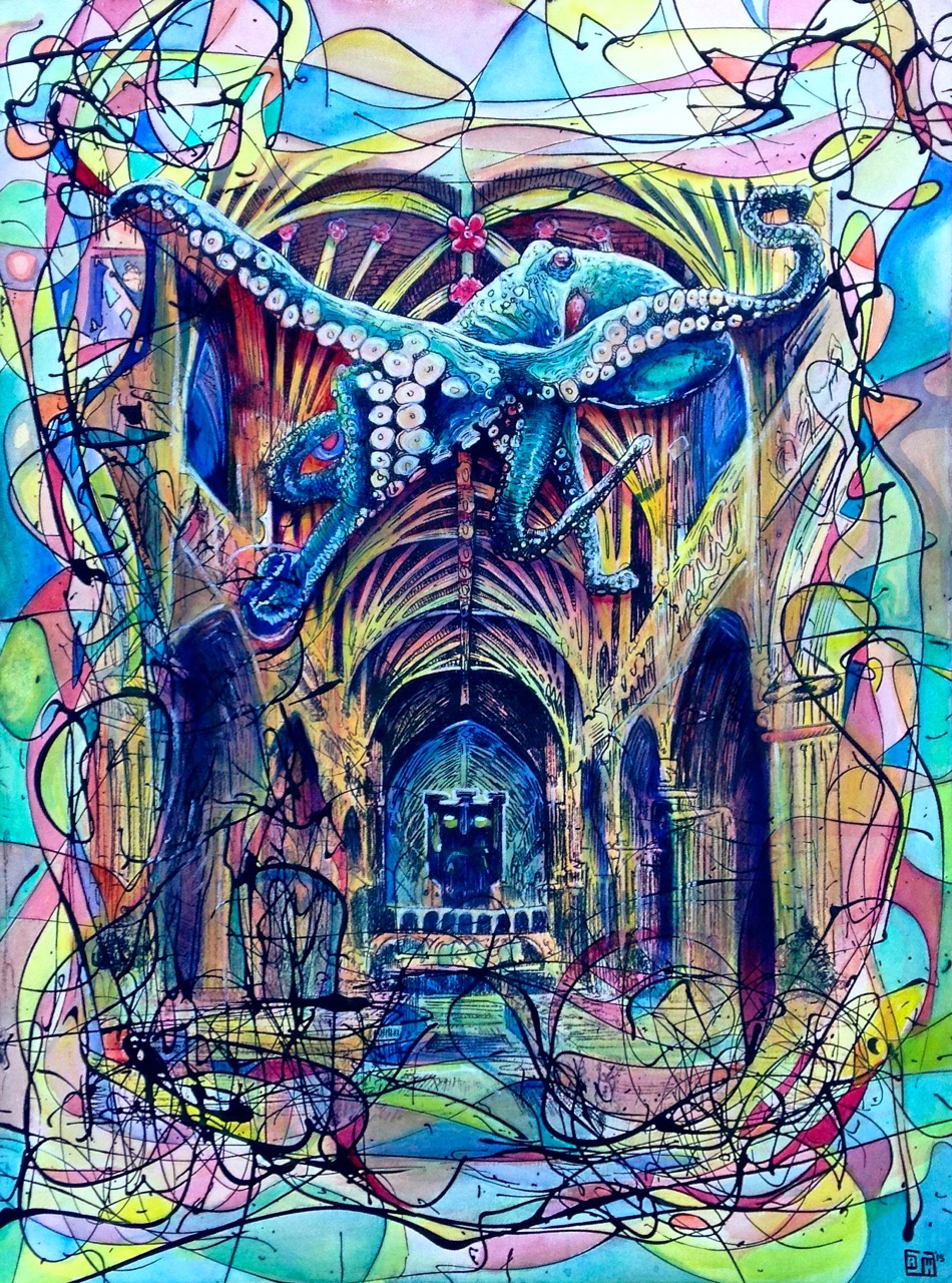 In the Cathedral (print w/ watercolor)