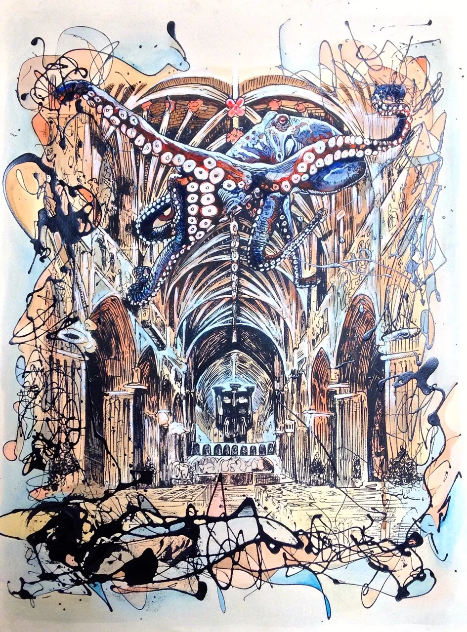 In the Cathedral (print w/ watercolor)