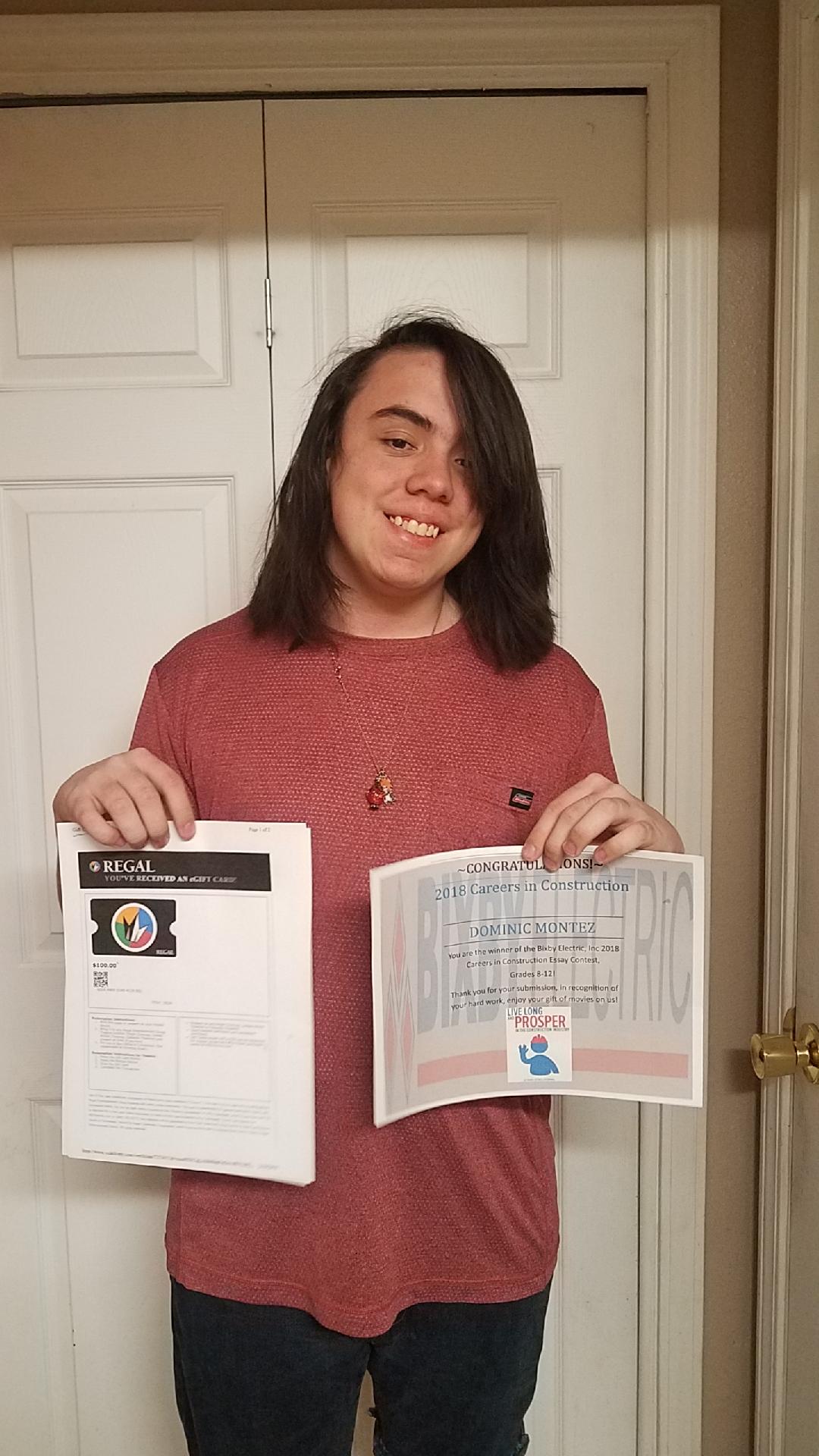 Congratulations Dominic Montez our Grade 7-12th winner of the Careers in Construction Essay Contest. Great job!