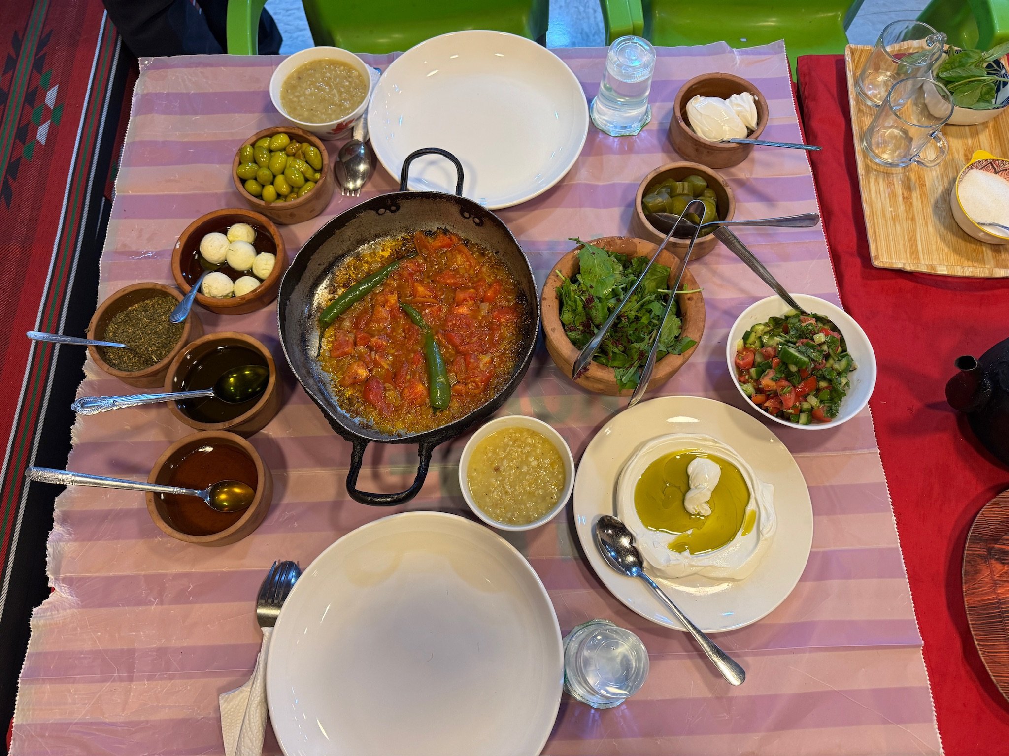 We ended our lesson with the most memorable meal of the trip. Everything came from the land around us and was prepared by Reema and Hanza in their spacious kitchen: yogurt from nearby grazing goats, green-gold olive oil and olives from their trees, s