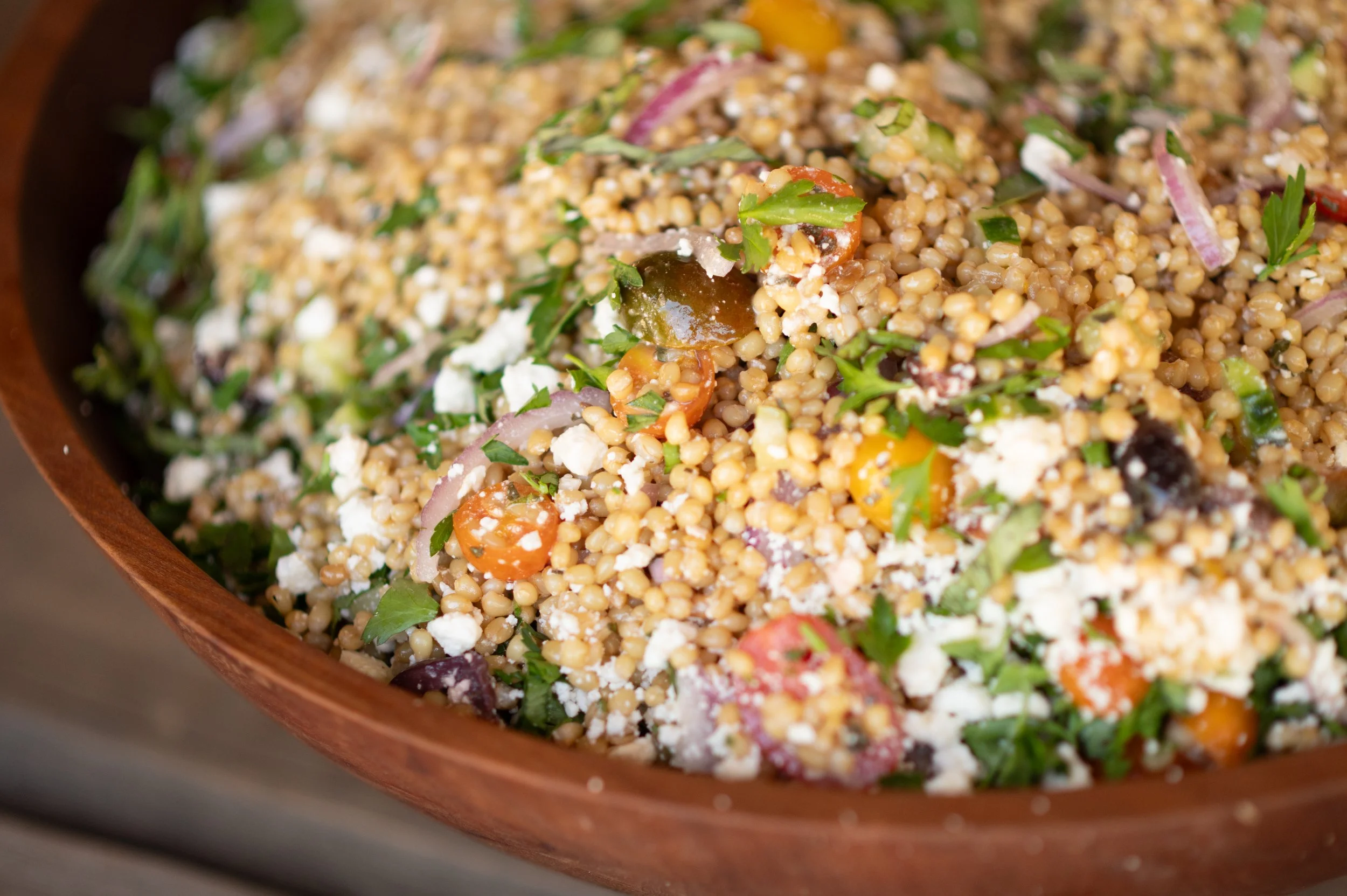 Honoré Hourani wheat berries featured in a vibrant Mediterranean salad