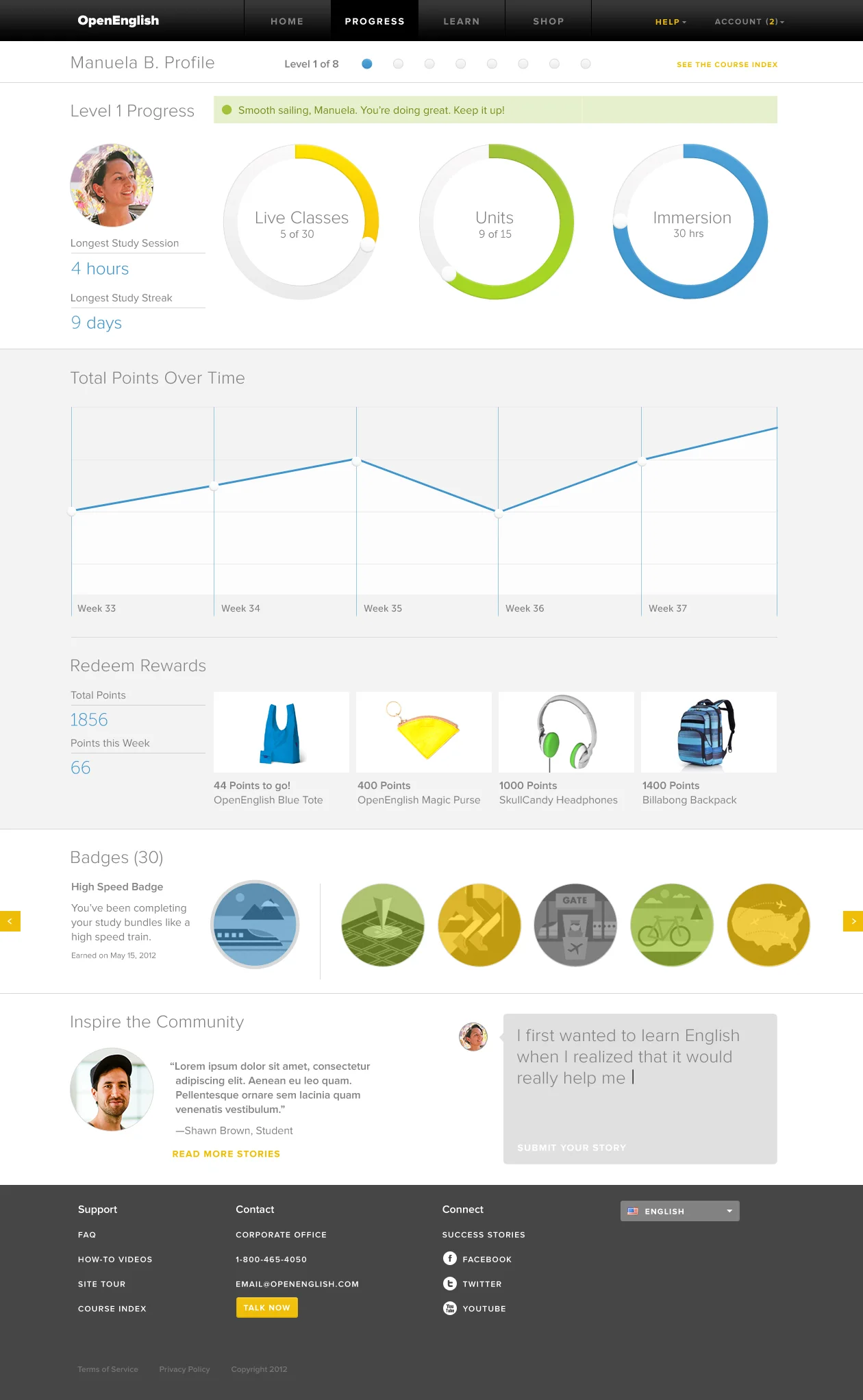 Profile page keeps track of overall progress and the balance of a three-part curriculum
