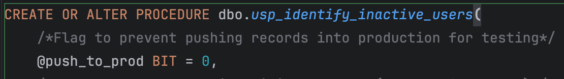 A stored proc showing @push_to_prod