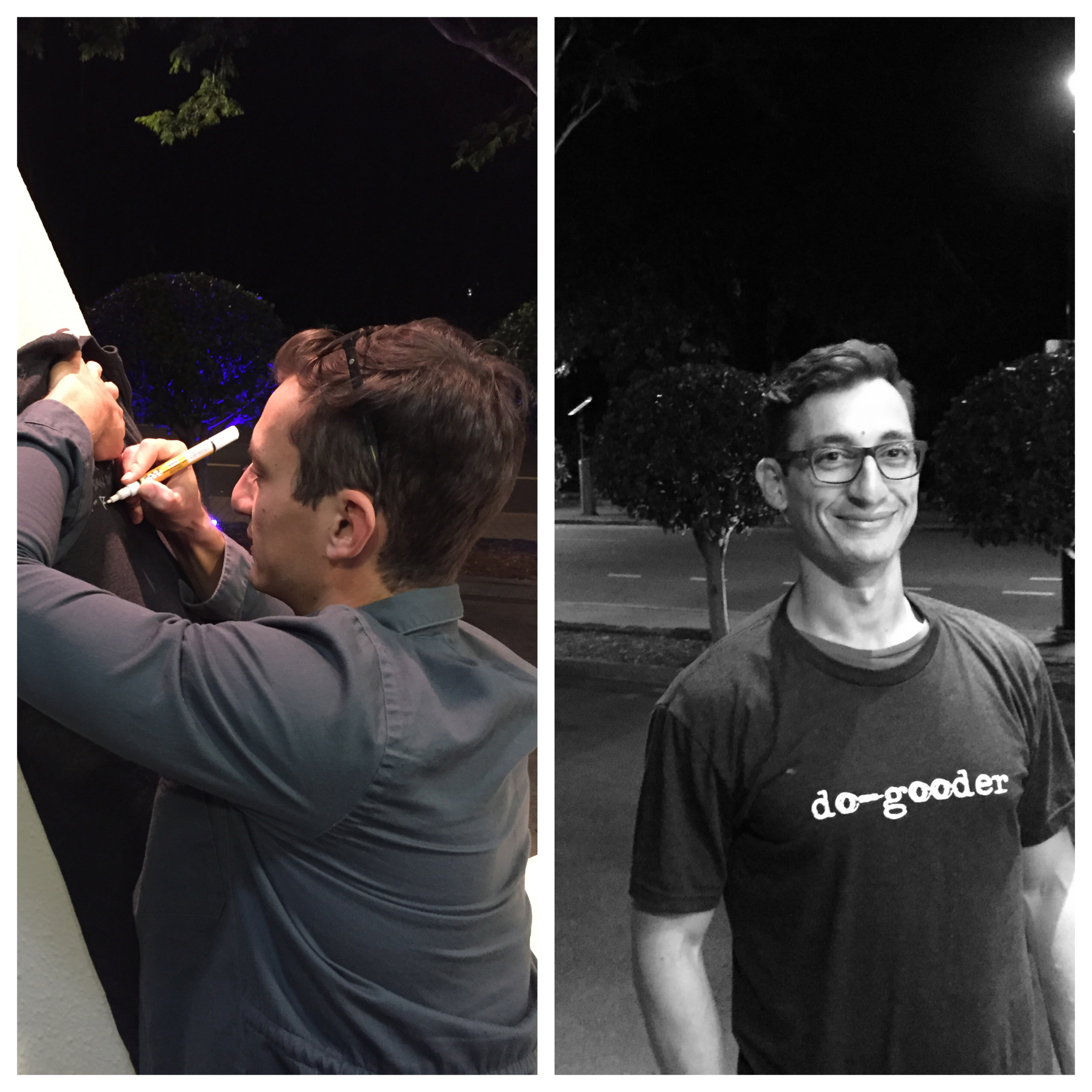 Jason signs the Do-Gooder shirt in support of Ecuador