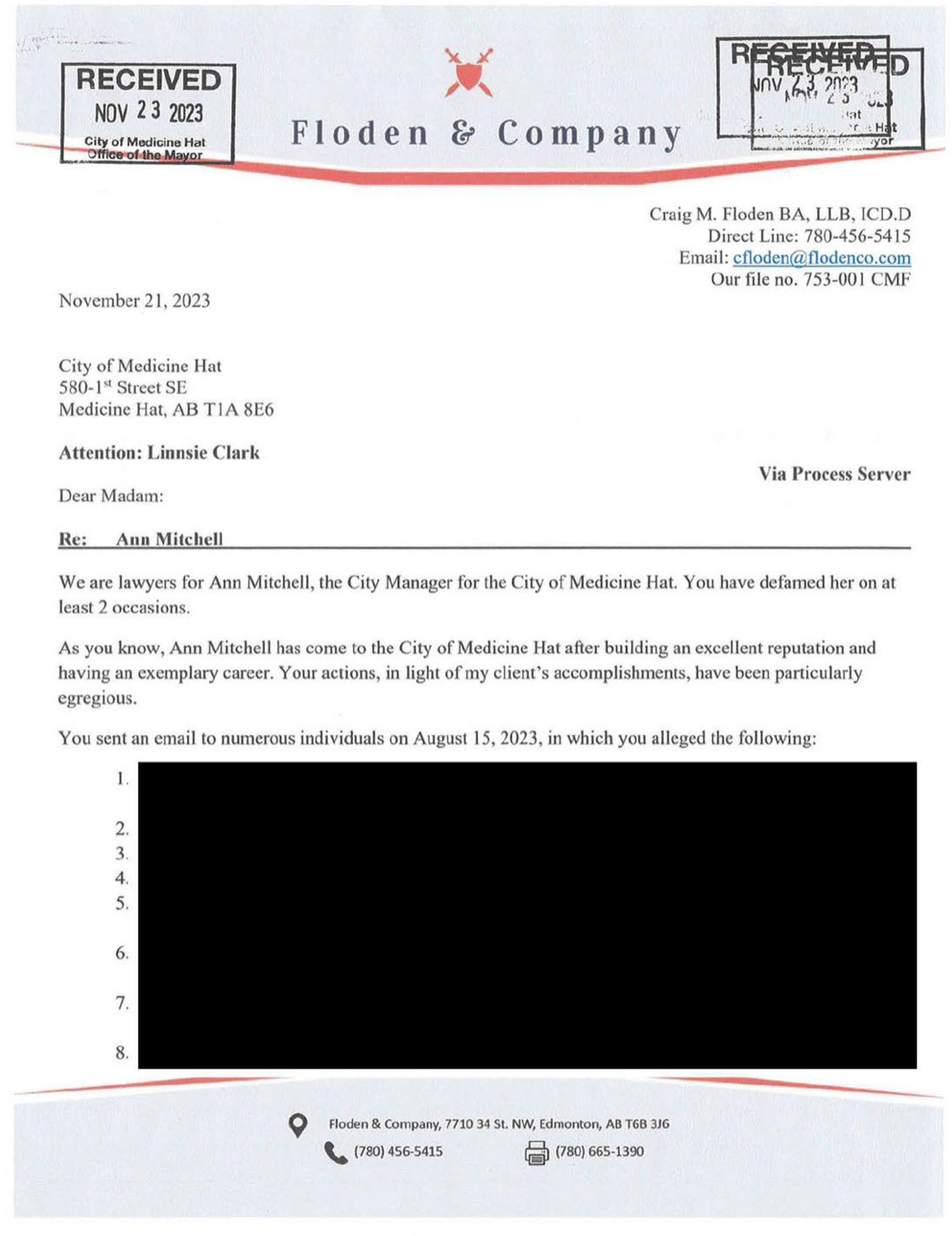 Nov 21 2023 Cease and Desist Letter To Mayor From CM Lawyers pg 1.png