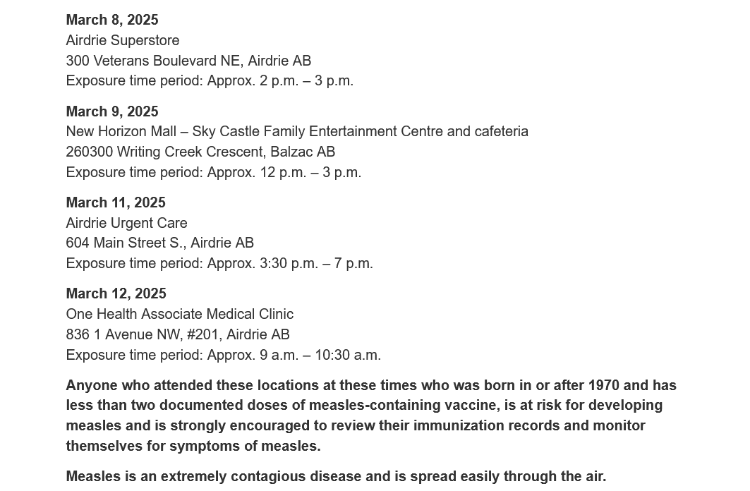 PSA - Public Alert Confirmed Measles in Calgary Area - Potential Exposure List