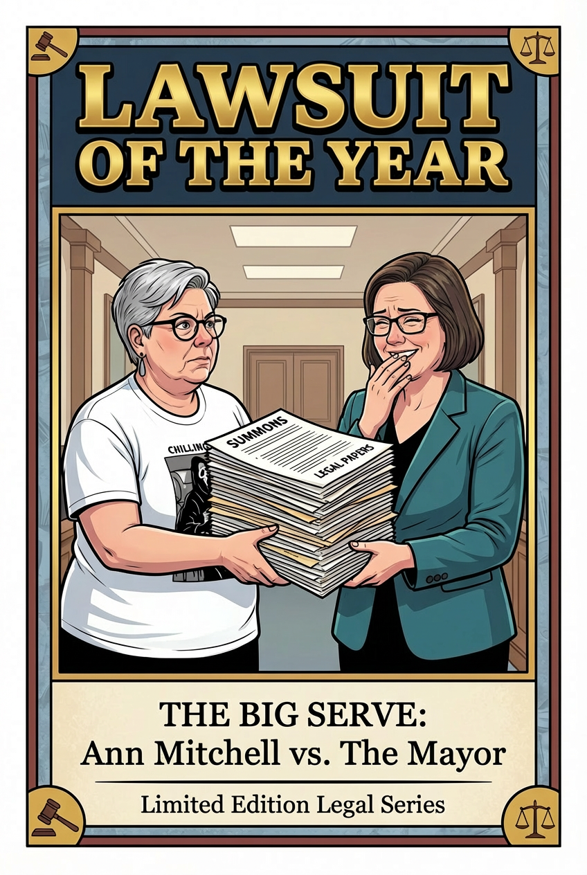 Firefly_Gemini Flash_more paper, replace -Anne Mitch vs. The City- with -Ann Mitchell vs. The Mayor- and t 449579.png