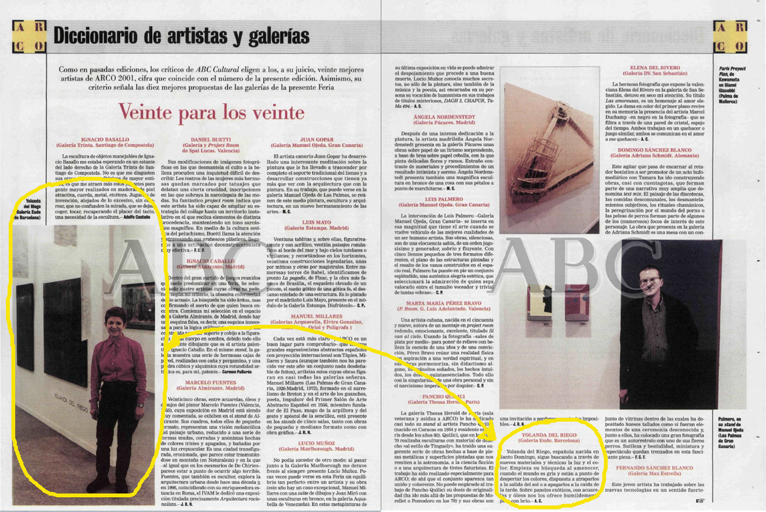 " Veinte para los veinte ", ABC Cultural (Madrid, España), 17 de feb. de 2001, p. 26-27 (Yolanda del Riego en la foto de la izq.)