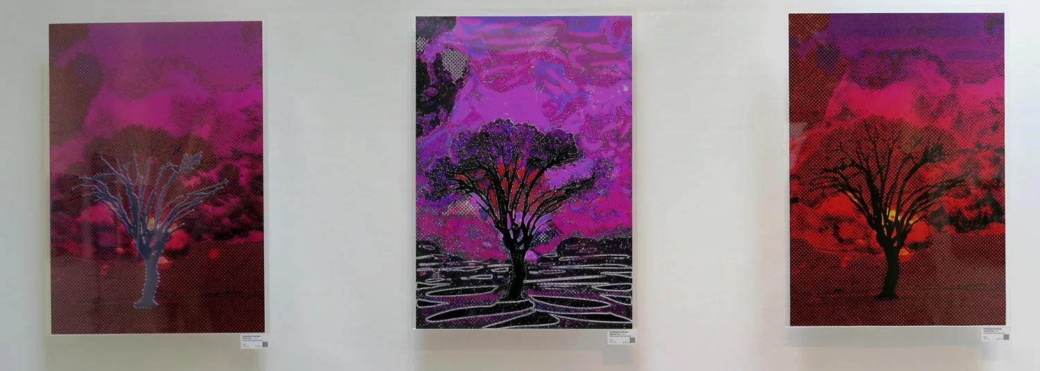Serie Paisaje damero , de izquierda a derecha: Árbol de plástico , Árbol remendado , and Árbol chamuscado