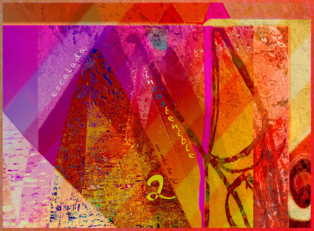 Escalada insostenible Digital C-Print, 75 x 102 cm Creado en referencia al Acuerdo de París en virtud de la Convención Marco de las Naciones Unidas sobre el Cambio Climático, cuyo objetivo es mantener el aumento de la temperatura global por debajo de los 2 ° C. El texto, en español, dice "no más de2 ° C"; los colores ardientes pretenden crear una sensación de alarma.