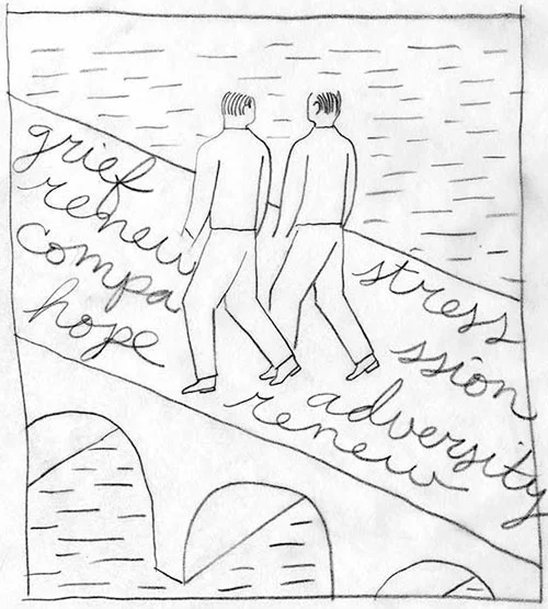 I tightened up the sketch but the art director wanted me to include land at the top of the illustration, a reference to the city, or a park, something on the other side of the bridge, a destination.