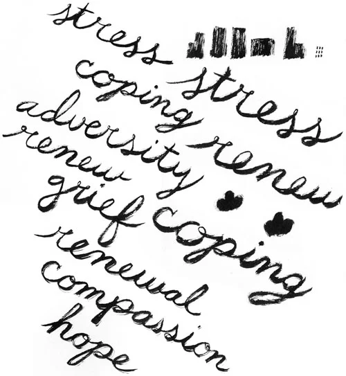 Above is the hand lettering I created for the illustration along with some buildings and shrubs. I decided to go with a park destination rather than a city skyline destination for the top part of the illustration. Below is the Photoshop art in sequential states of completion. I begin with a background of textures and then repeat and edit these textures to create the other parts of the illustration.