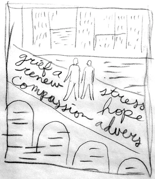 I roughed up a quick revised sketch with a cityscape. These rougher figures actually influenced the direction of how I would end up depicting the figures, less line and more shape.