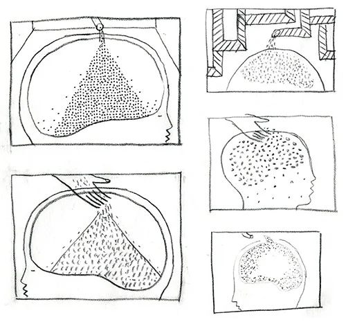 I sketched up a few quick directions for this concept. The art director and editor wanted to go with the top left sketch but asked me to make the grains form the shape of a brain rather than a triangular pile.