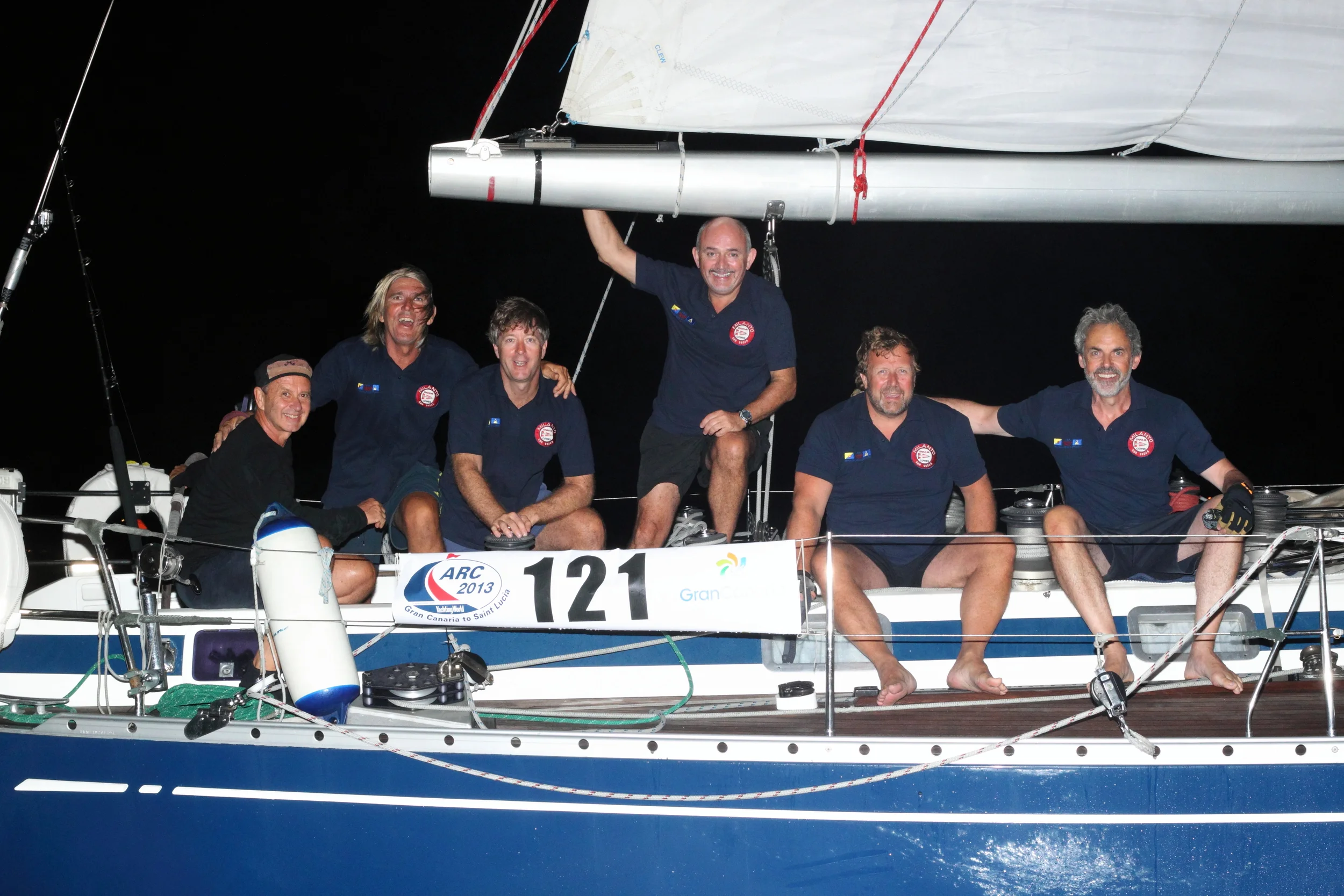 The 2013 crew, happy to have crossed the line in Rodney Bay