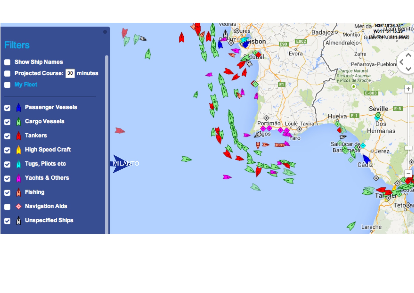 Blue arrow marking Milanto's position at 10:45 so by tomorrow will be in the shipping lanes