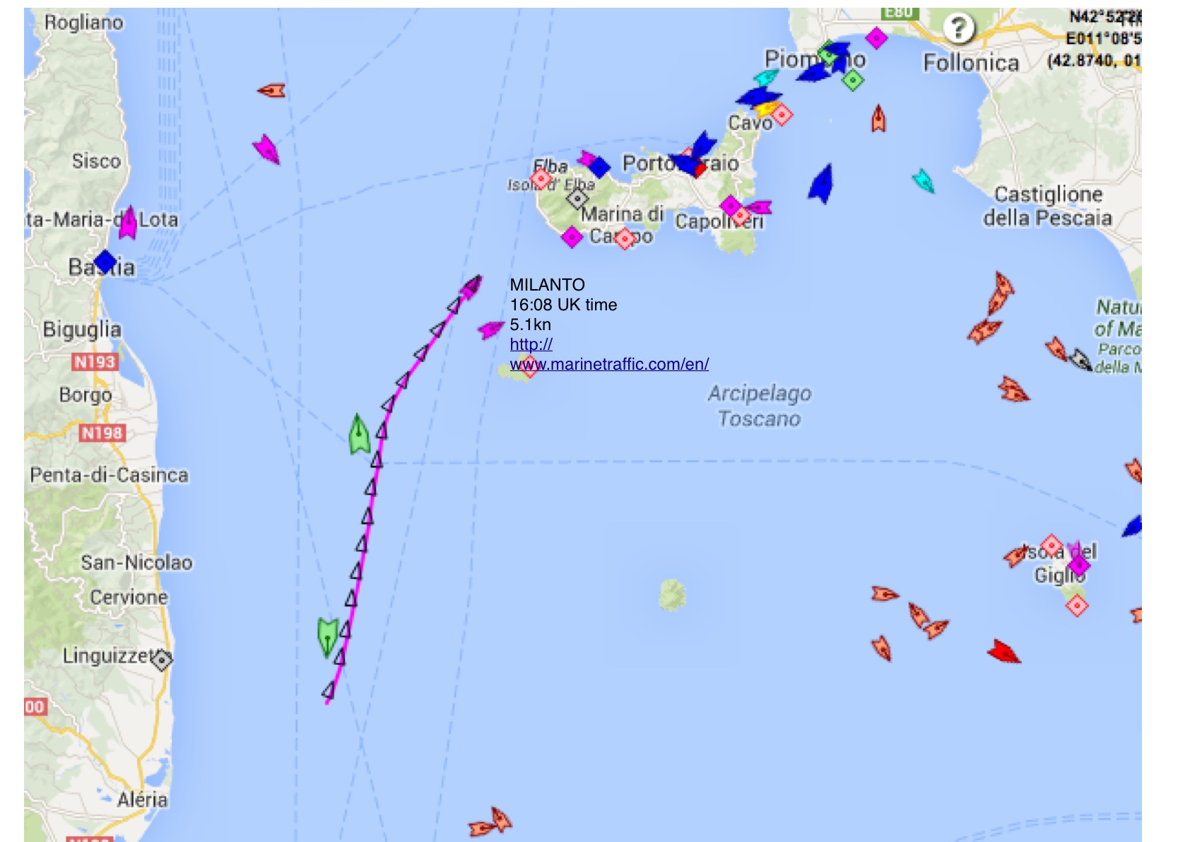 You can update Milanto's position via the live map on marinetraffic.com/en 