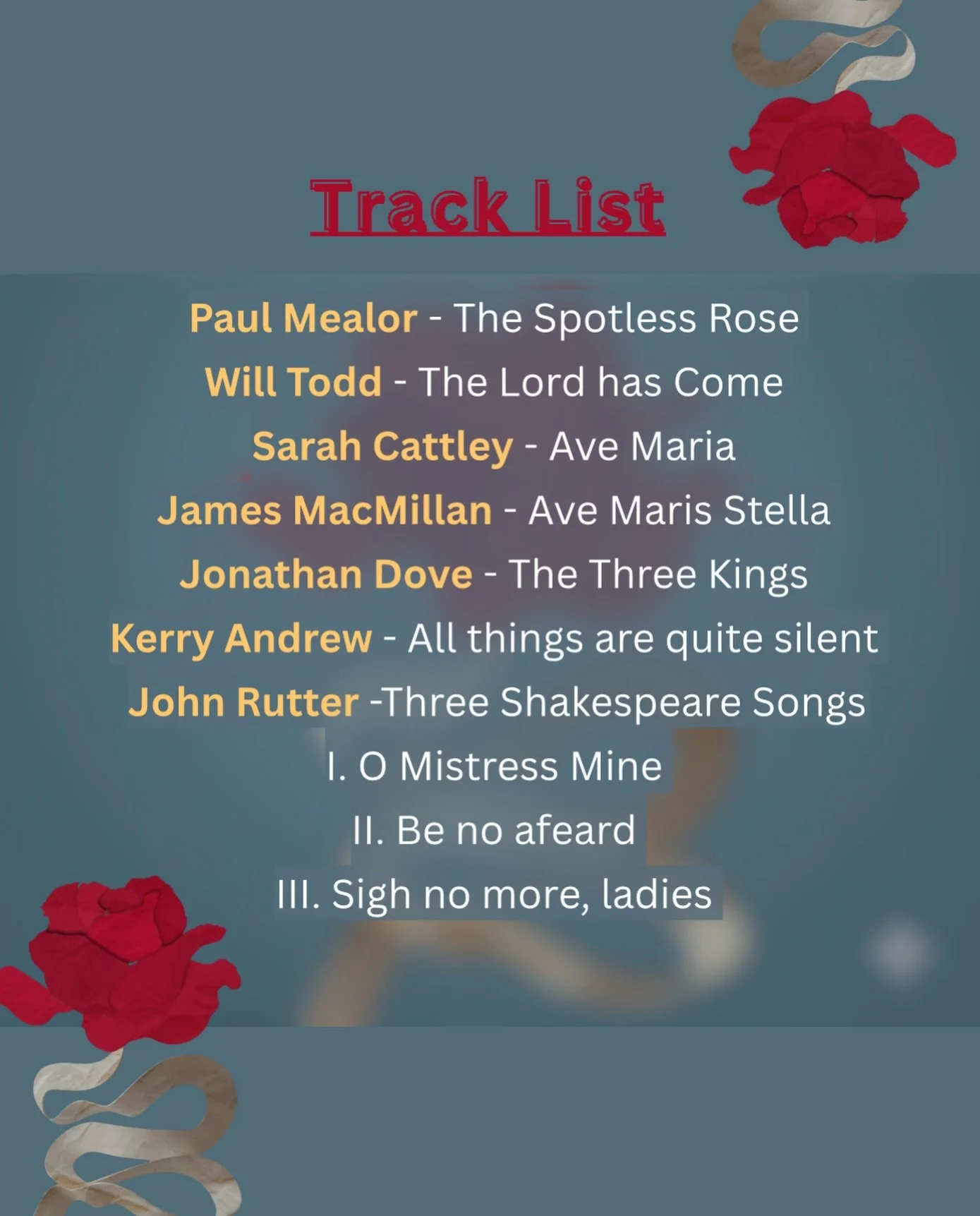 🌟 Track list reveal! 💿 

We are beyond excited to hear the full album on Friday! 🎶 

💐 We will also be perfroming some of the tracks in our upcoming summer concert! Can you guess which ones? 👀 
#albumrelease #choralmusic #choir #music #choral