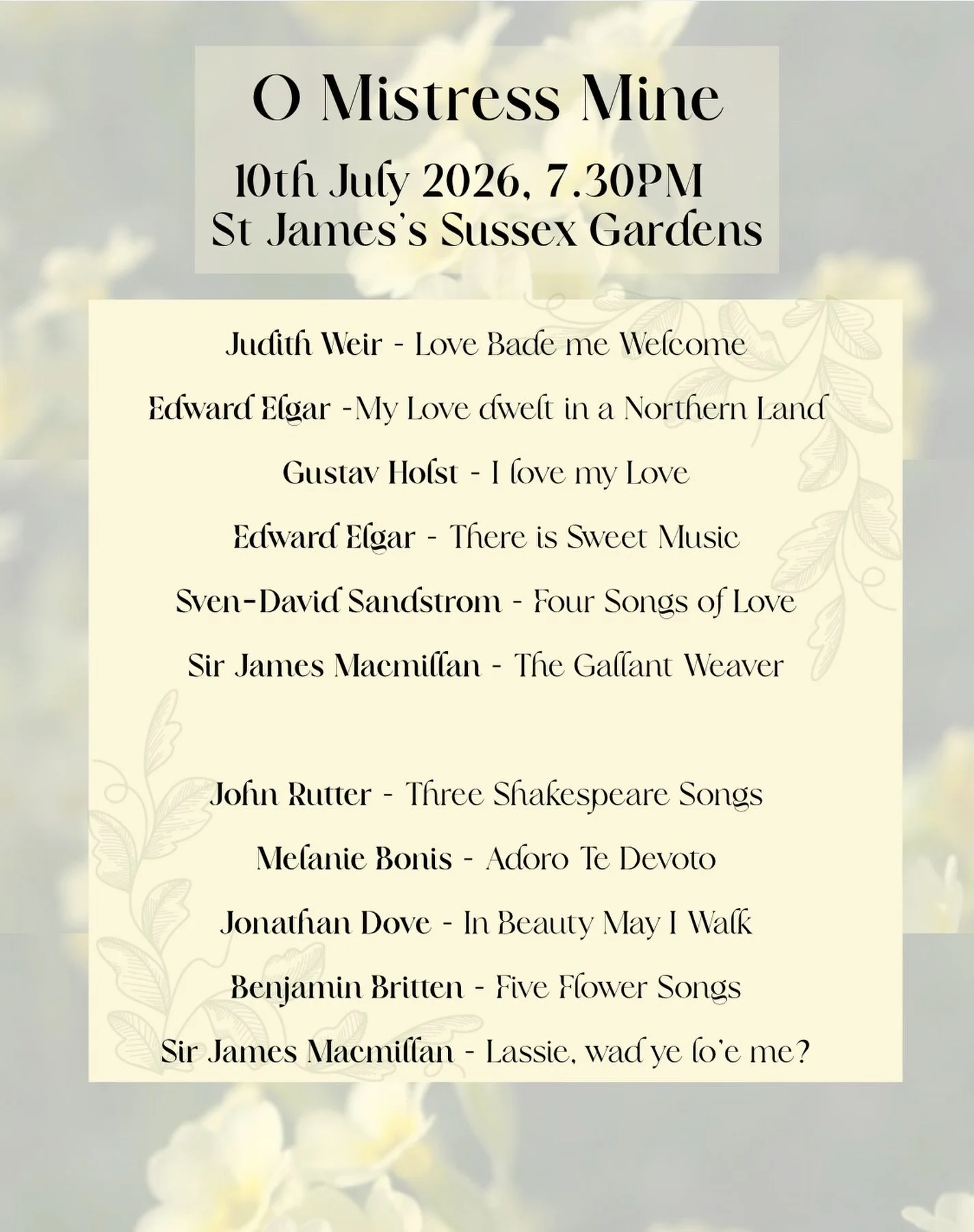 💛 Love, nature, poetry&hellip;

Our summer programme weaves together some of the most beautiful choral works of the 20th and 21st centuries.

Expect music that is lyrical, emotional, and full of colour! 🌼

🎟️ Tickets available now

#ChoralMusic #C