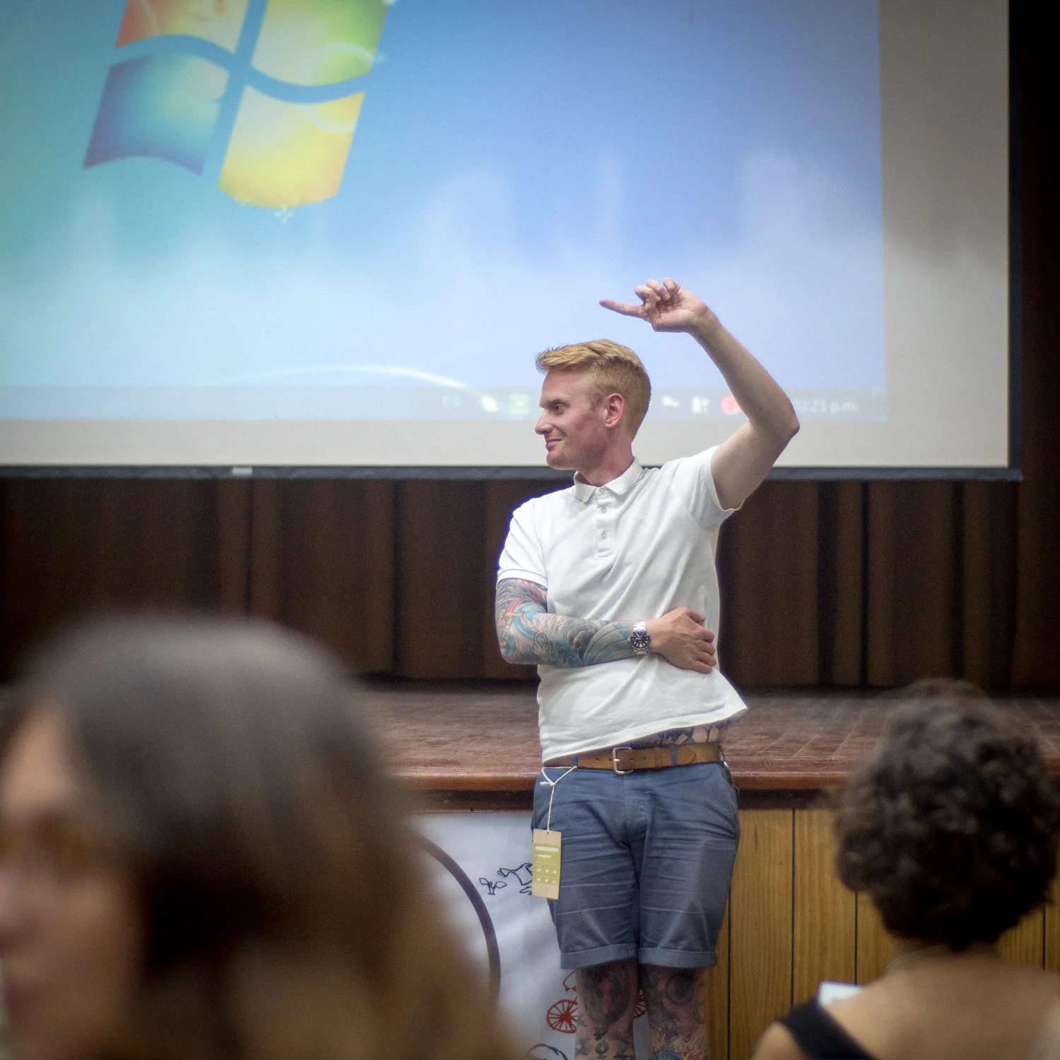 And watch as experienced attendees demonstrate meeting etiquette signals (David showing how to do 'that's the guy that stole my kidney'). Photo: Benjamin Brooking
