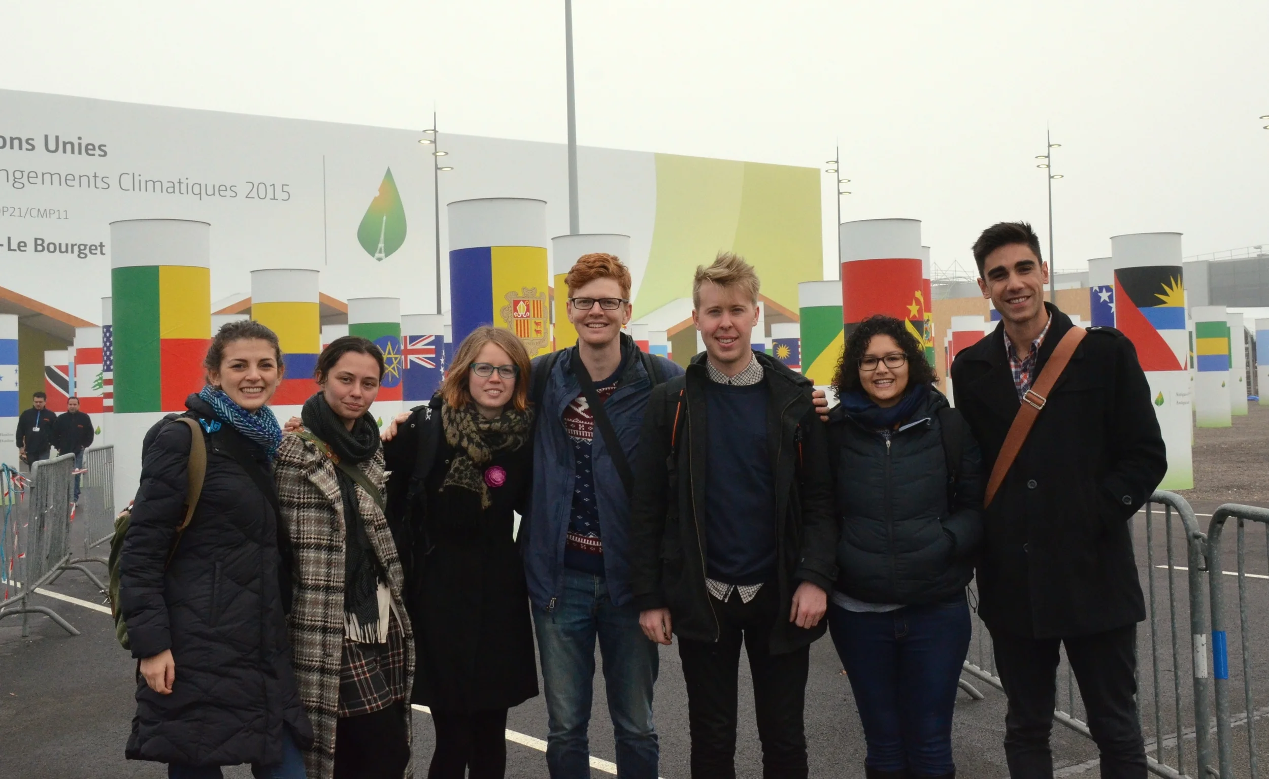The AYLI delegation arrives at Le Bourget, the COP21 venue. From left to right: Mattea Mrkusic, India Logan-Riley, Florence Reynolds, Hamish Laing, Ryan Mearns, Kya Lal, and Benj Brooking. 