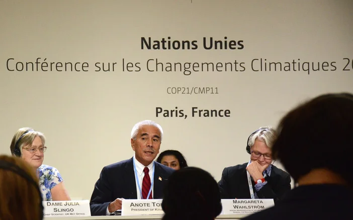 Kiribati President Anote Tong at COP21, speaking about his country's 'Migration with Dignity' policy. Photo: Mattea Mrkusic