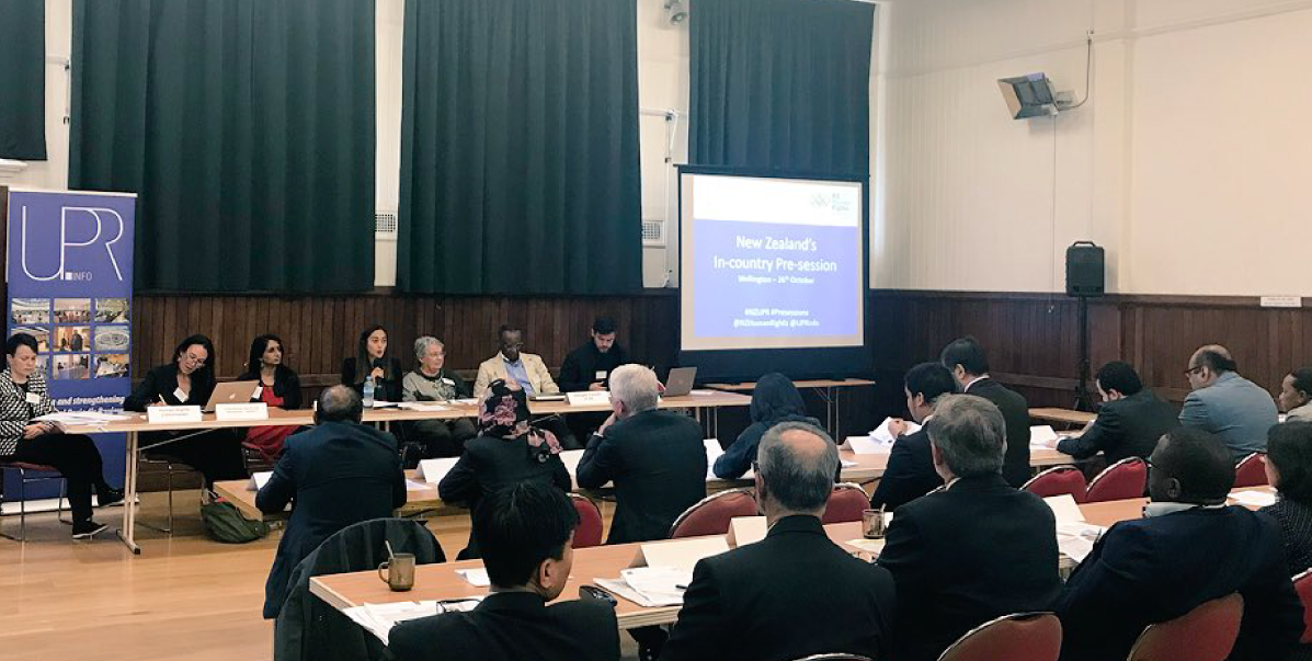 Civil society representatives present to diplomats at New Zealand’s first in-country pre-session in Wellington in October 2018.