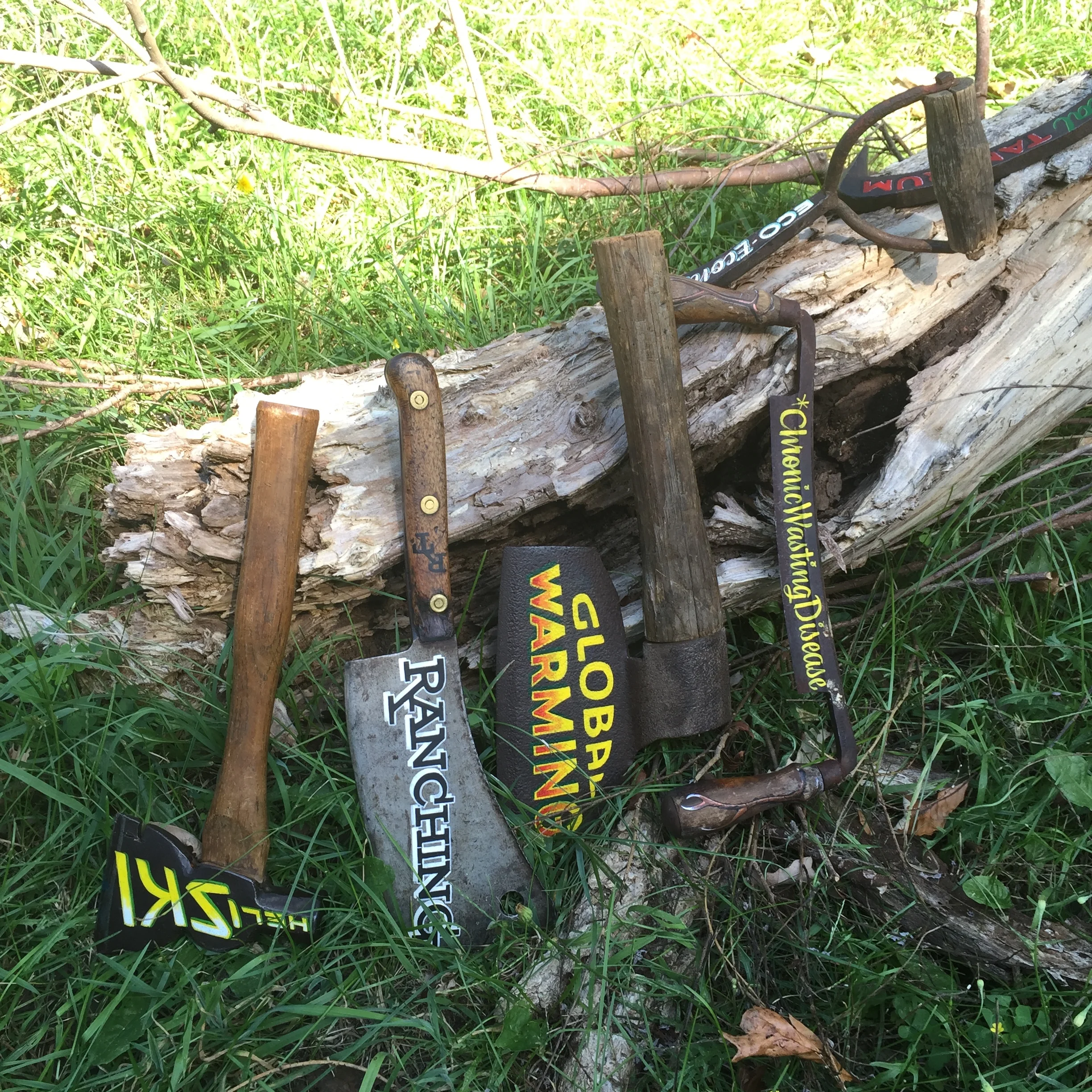 Hand painted tools by lettering artist John Cronan, for Greater Yellowstone Stump , collaboration.