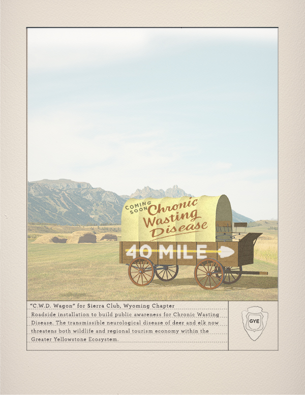 "C.W.D. Wagon" for Sierra Club, Wyoming Chapter: Roadside installation to build public awareness for Chronic Wasting Disease. The transmissible neurological disease of deer and elk now threatens both wildlife and regional tourism economy within the Greater Yellowstone Ecosystem. Lettering by John Cronan. 