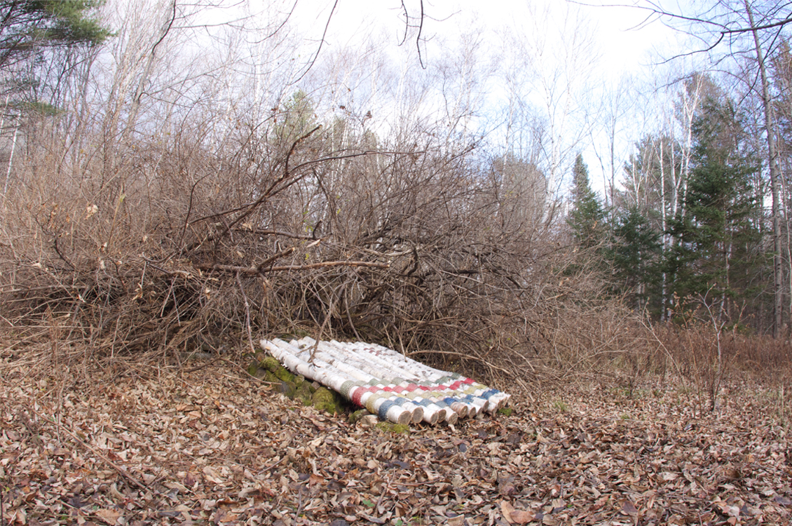 Hibernaculum Habitat Blanket, installation, Wellington, Maine, November 2015. Photography by Pat Moore.