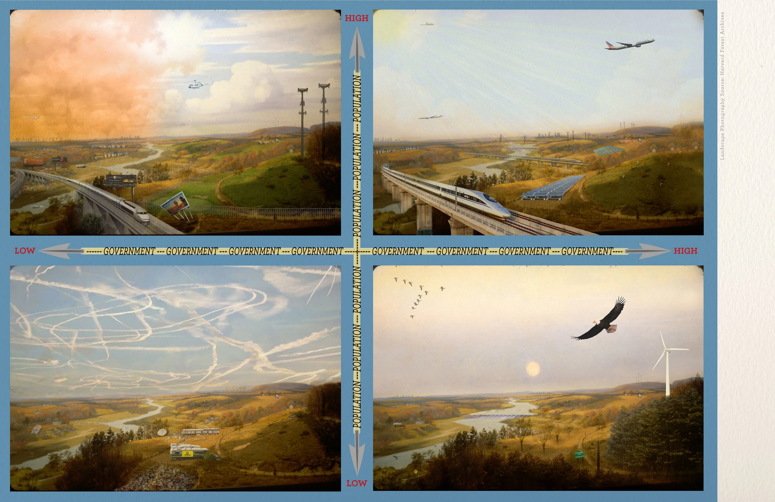 “New England Futures Scenario Quadrant,” digital drawing, 7.5 x 11 inches, 2016. Illustrative New England quadrant visualization featuring government and population as two driving scenario forces. Illustration based on photography of Fisher Museum land-use diorama at Harvard Forest. Collaboration with Jonathan Thompson et al.
