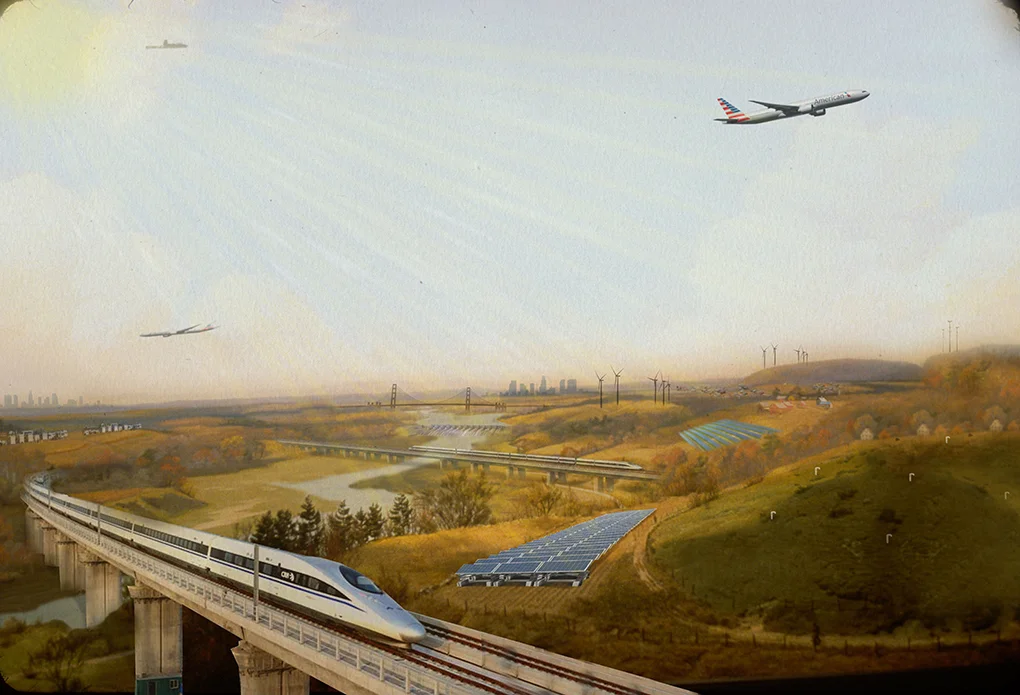 “Future New England Landscape Scenarios No. 2 of 4; High Population and High Government,” digital drawing, 7.5 x 11 inches, 2016. Illustration based on photography of Fisher Museum land-use diorama at Harvard Forest.