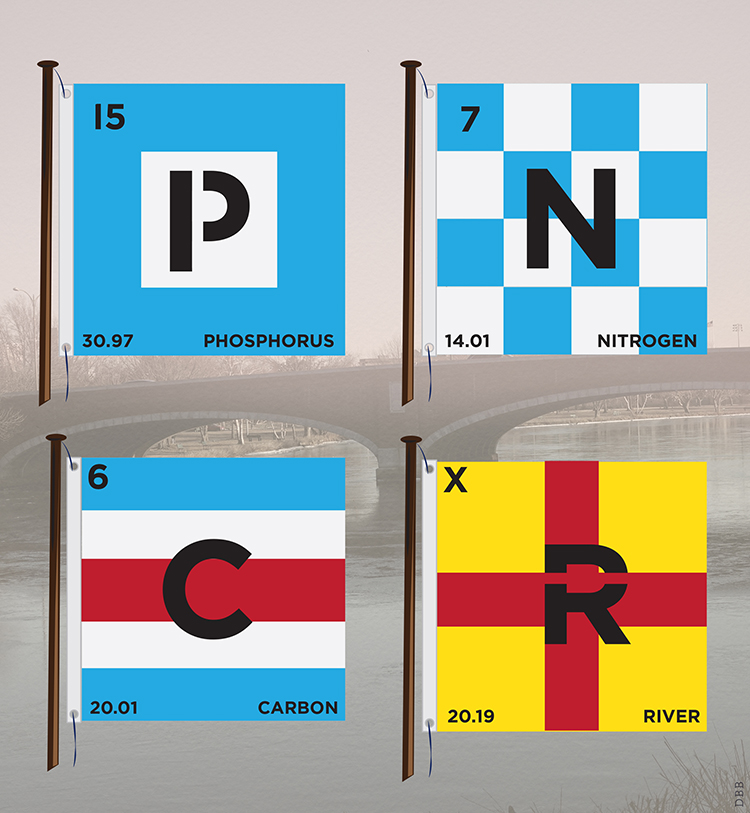 River Pollution Flags. A graphic mash; pollution chemistry clashing with recreation culture along the Charles River.