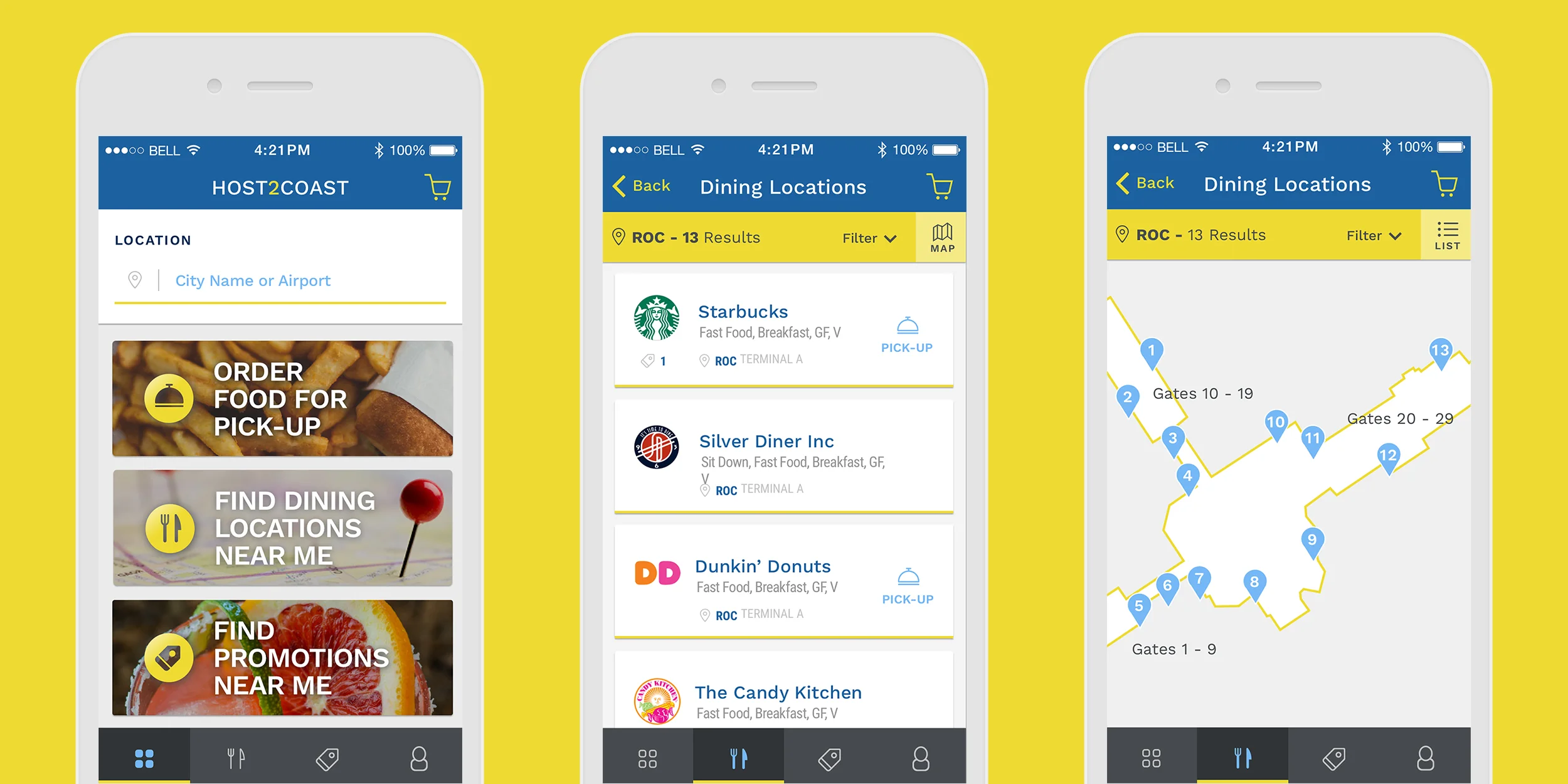  Dashboard with a quick way for users to search for dining locations or for a specific airport, listings for all restaurants in the terminal, and a map view of all locations. 